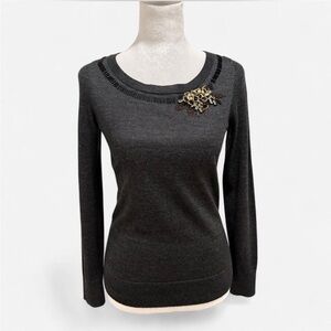 LOFT Charcoal Sweater with Gold Floral Detail